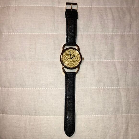 AK Gold Tone Rhinestone Wrist Watch Black Genuine Leather Strap - Picture 1 of 10